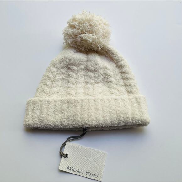 Barefoot Dreams Cozychic Cable Beanie with Pom Pom Cream NEW - Picture 4 of 8